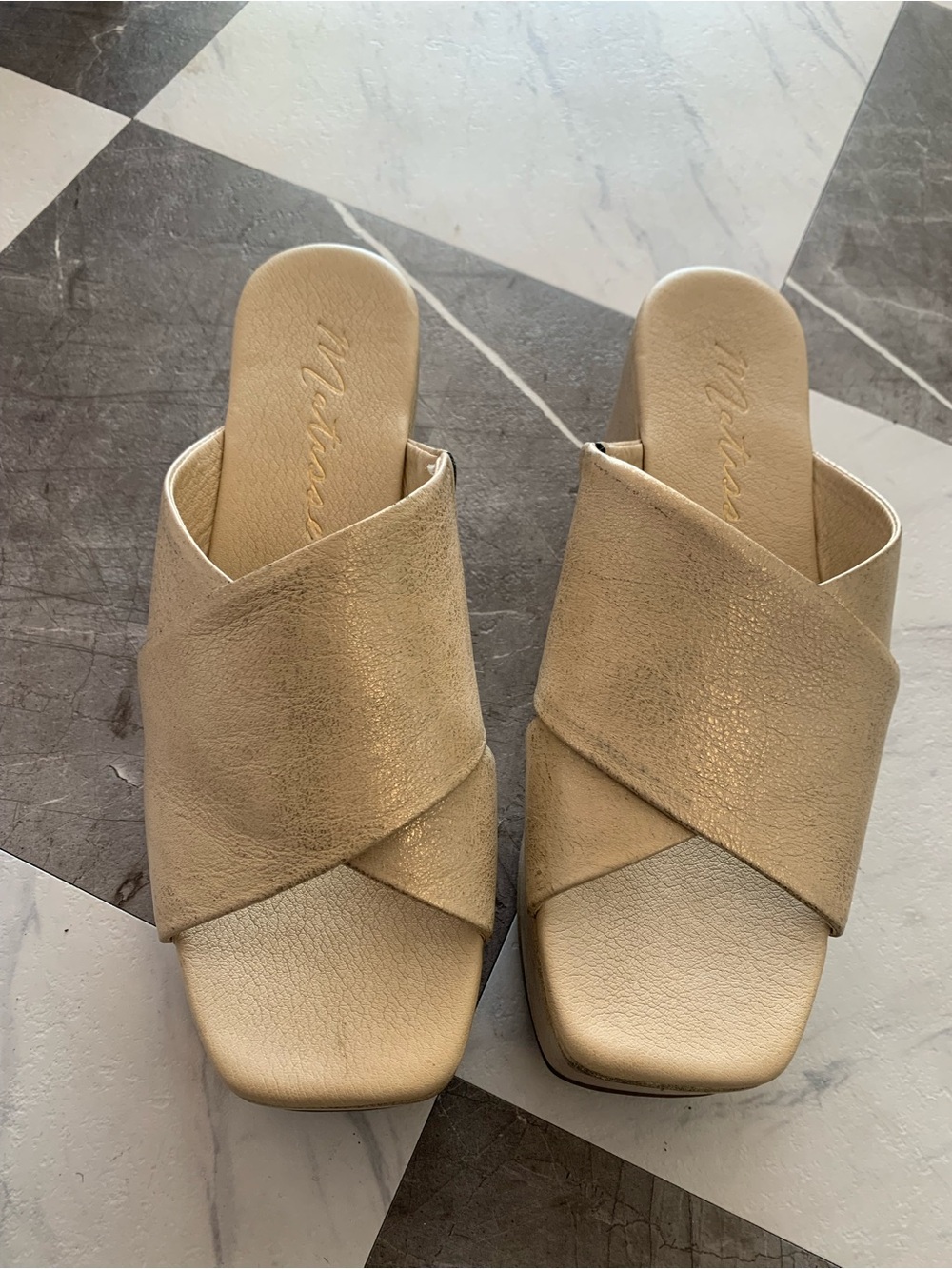Matisse Crisscross Metallic Gold Slide Mules